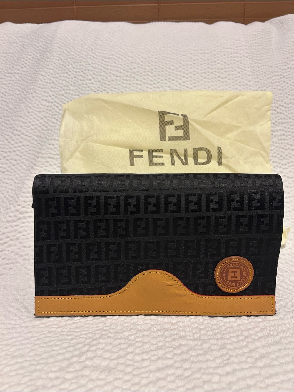 Fendi Black Monogram Men's Wallet with Tan Leather Accent